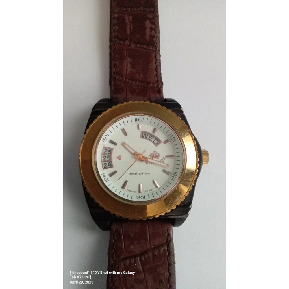 Promado Royal Collection Day Date Gold Tone Bezel Brown‎ Band Watch